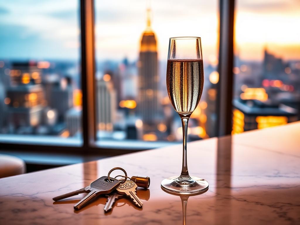 Champagne glasses and new home keys in a penthouse at golden hour