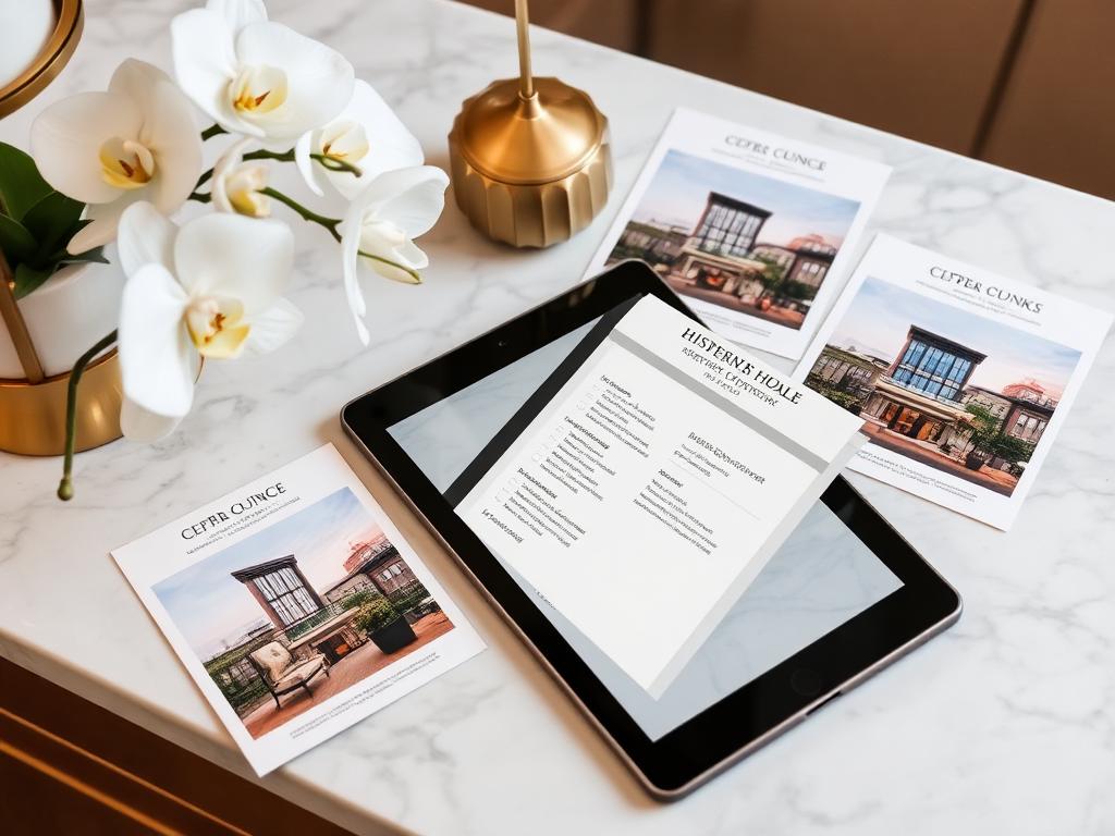 A curated property shortlist displayed on a tablet with printed cards