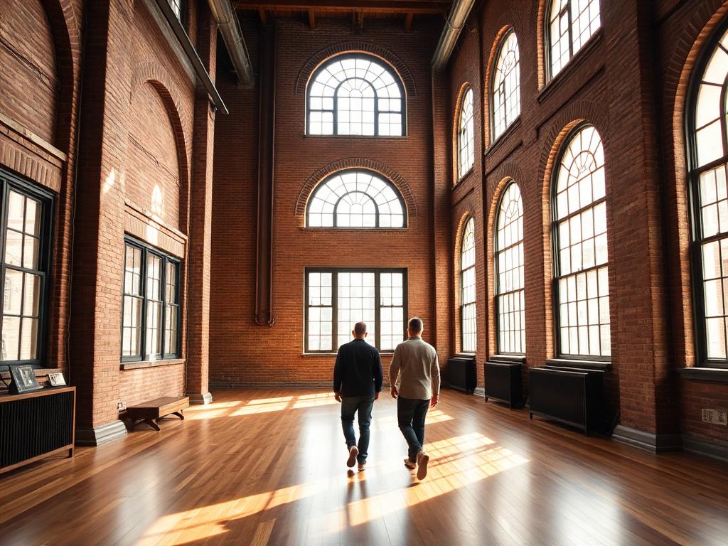 A private viewing inside a sunlit Tribeca loft with soaring ceilings